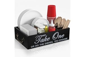 DURMMUR Paper Plate Holder for Kitchen Counter, Paper Plate Holders Utensil Caddy Organizer, Wood Disposable Paper Plate Dispenser for Cup, Plate, Fork, Spoon, Napkin, Silverware Holder for Party, Picnic