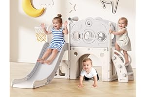 Babytronic Toddler Slide, 8 in 1 Kids Slide with Basketball Hoop, Telescope and Climber, Baby Slide Toddler Playground, Indoor Outdoor Playset for Toddlers Age 1-3, Kids Indoor Playground (White&Gray)