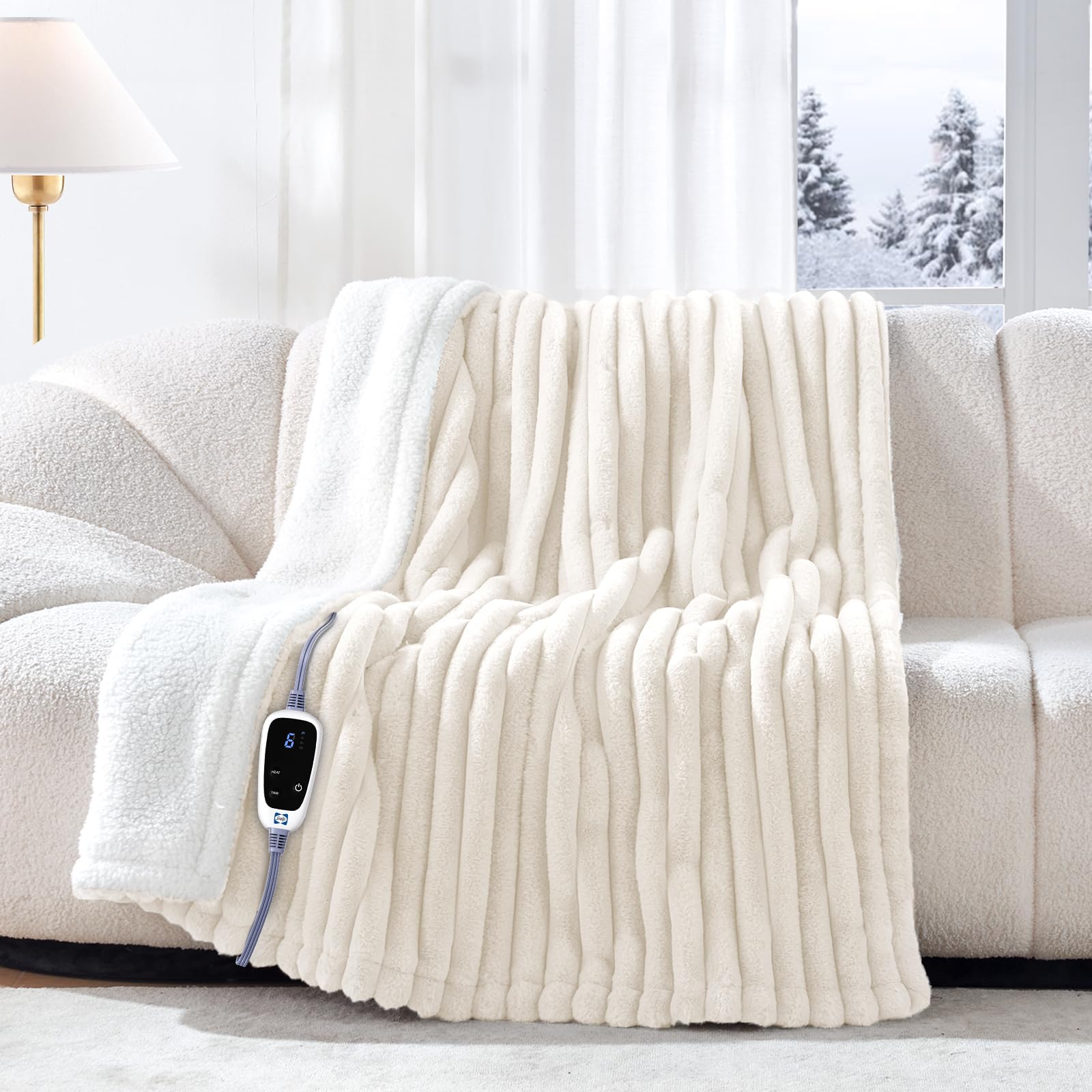 Photo 1 of Sealy Electric Blanket Throw Size 50"*60",Super Cozy Faux Fur to Sherpa Reversible Heated Blanket Throw with 6 Heating Levels & 2-10 Hours Auto Off Overheating Protection Machine Washable,Beige