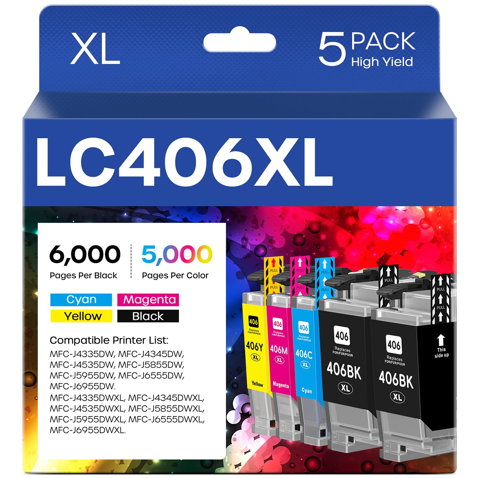 Photo 1 of LC406XL LC406 Ink Cartridges Compatible for Brother LC 406XL LC 406 XL for MFC-J4335DW MFC-J5855DW MFC-J6555DW MFC-J4535DW MFC-J6955DW MFC-J4345DW MFC-J5955DW Printer (5 Pack, 2 BK/C/M/Y)