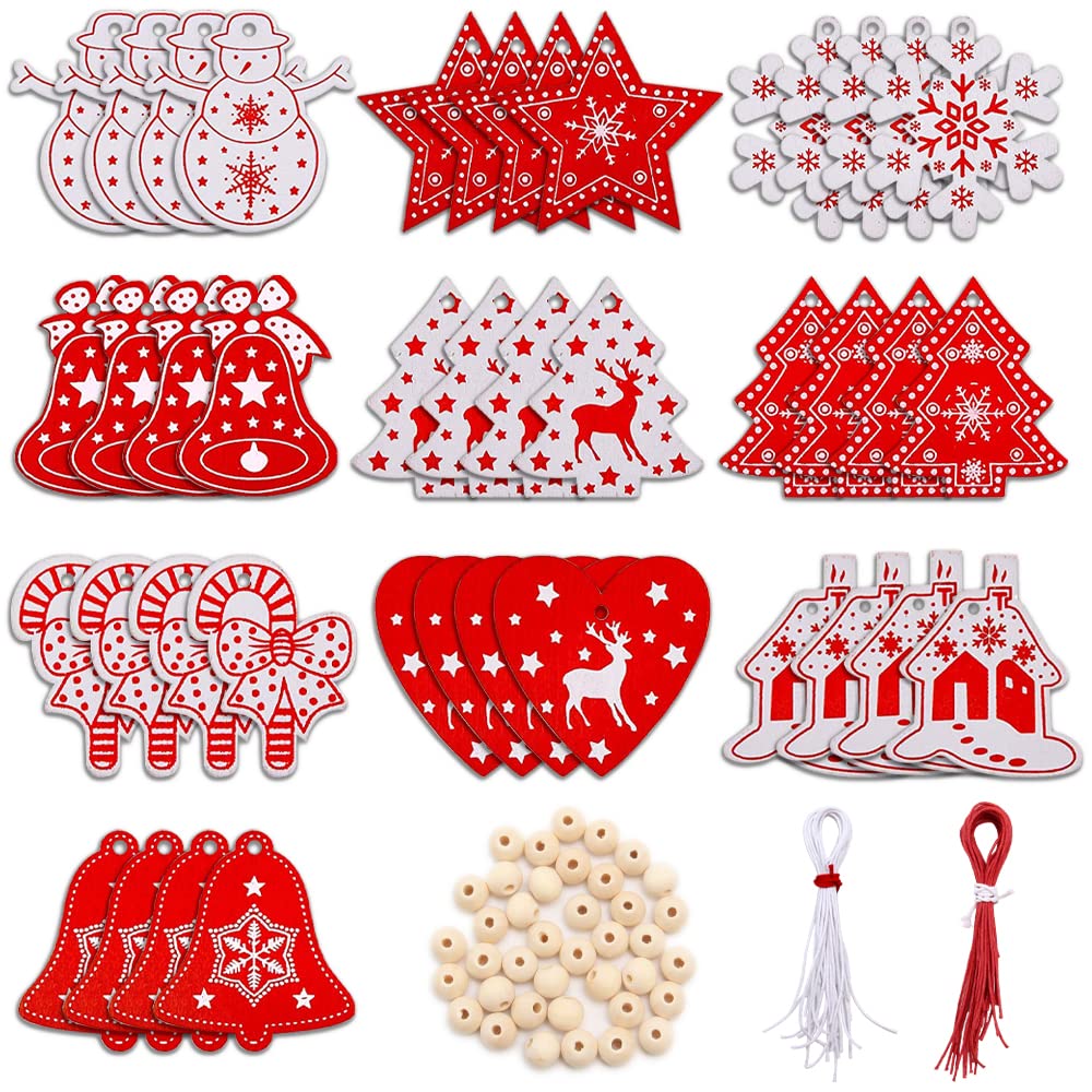 Pilikoll 40 Pcs Wooden Hanging Christmas Tree with Ropes and Beads White & Red Wooden Christmas Craft Hangings Pendant Ornaments for DIY Wood Crafts christmas Tree Ornaments