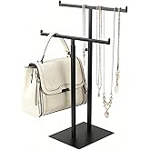 Purse Display Stand Jewelry Towers, Black Double T-Shaped Tabletop Stainless Steel Hook Hanging Adjustable Height Handbag Holder for Organizer Luxury Bags Necklaces Home Store Boutique Retail Closet