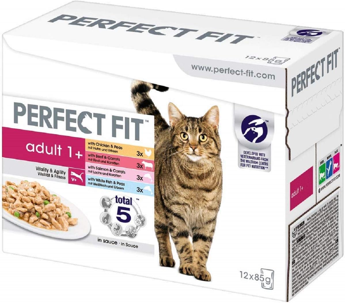 Perfect Fit 1+ Adult Mixed Selection in Sauce 48 Pouches, Complete Premium Wet Cat Food, Pack of 4 (12 x 85 g)
