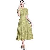LAI MENG FIVE CATS Women's Flowy Floral Lace Short Sleeve Round Neck Evening Dress