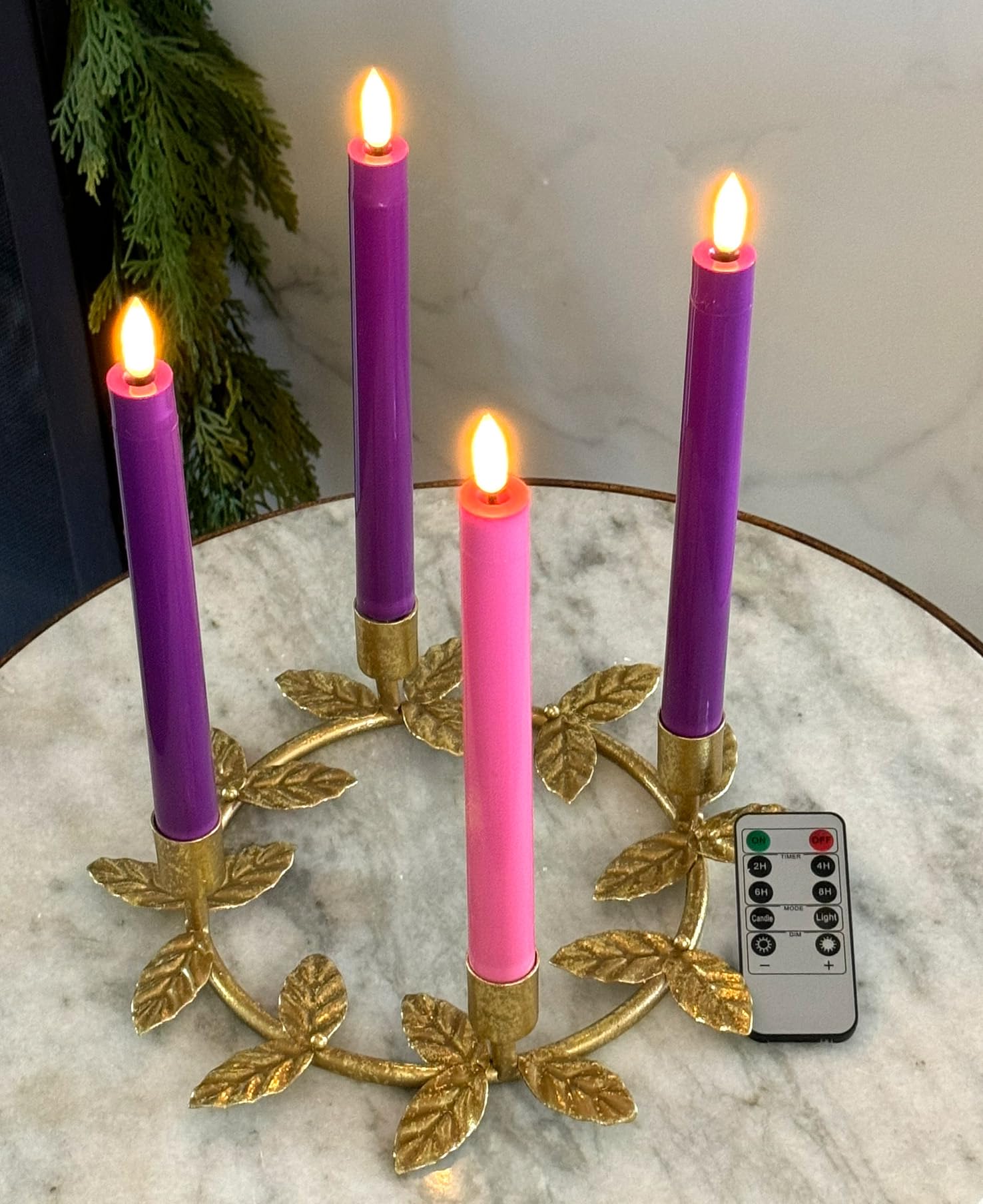 Photo 1 of Flameless Advent Candle Set 4-Piece LED Advent Taper Candles Purple and Pink - Soft White Flickering Flame - Remote Control