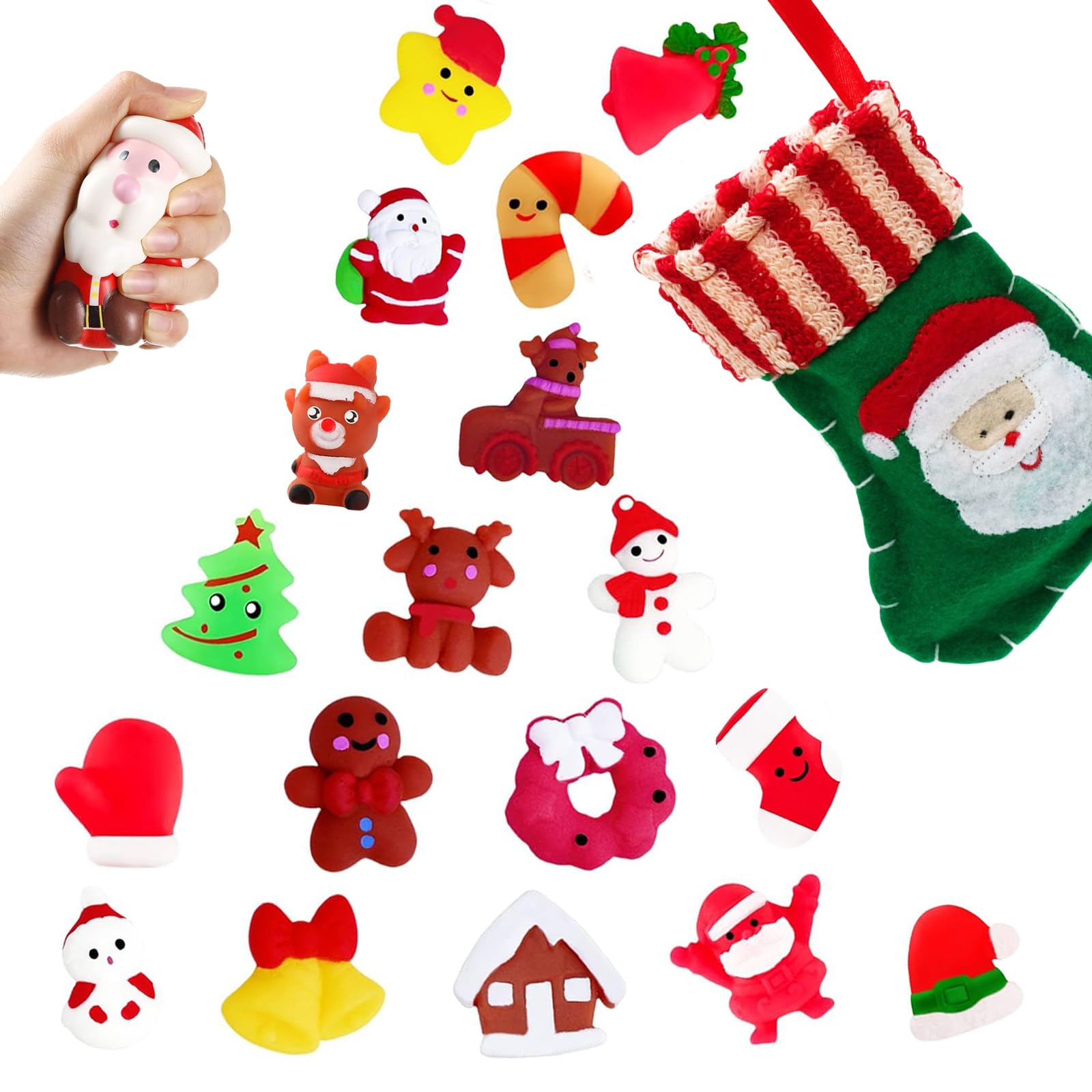 18pcs Christmas Mochi Squishy Toys, Mini Mochies Soft Fidget Toy for Kids, Kawaii Squeeze Toys Include Santa Elk Snowman for Party Bags Fillers Favors Gifts