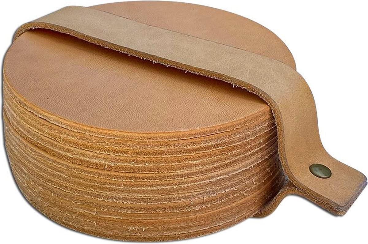 Brute Strength - Full grain leather coasters - Natural - Round - 14 pcs - Round coaster for glass - Coasters for drinks - includes holder