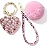 Cute Heart Keychains for Women & Girls, Bling Bag Charms with Wristlet Keys, Purse Charms for Handbags, Pompom Key Chain