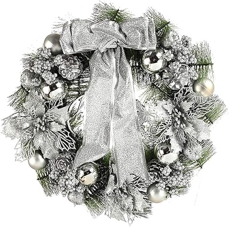 Amazon Co Jp 強力な祭りの雰囲気とクリスマスリース 人工ガーランド クリスマスフロントドアの装飾 カラフルなpvc素材 色 Silver Size 60cm ホーム キッチン