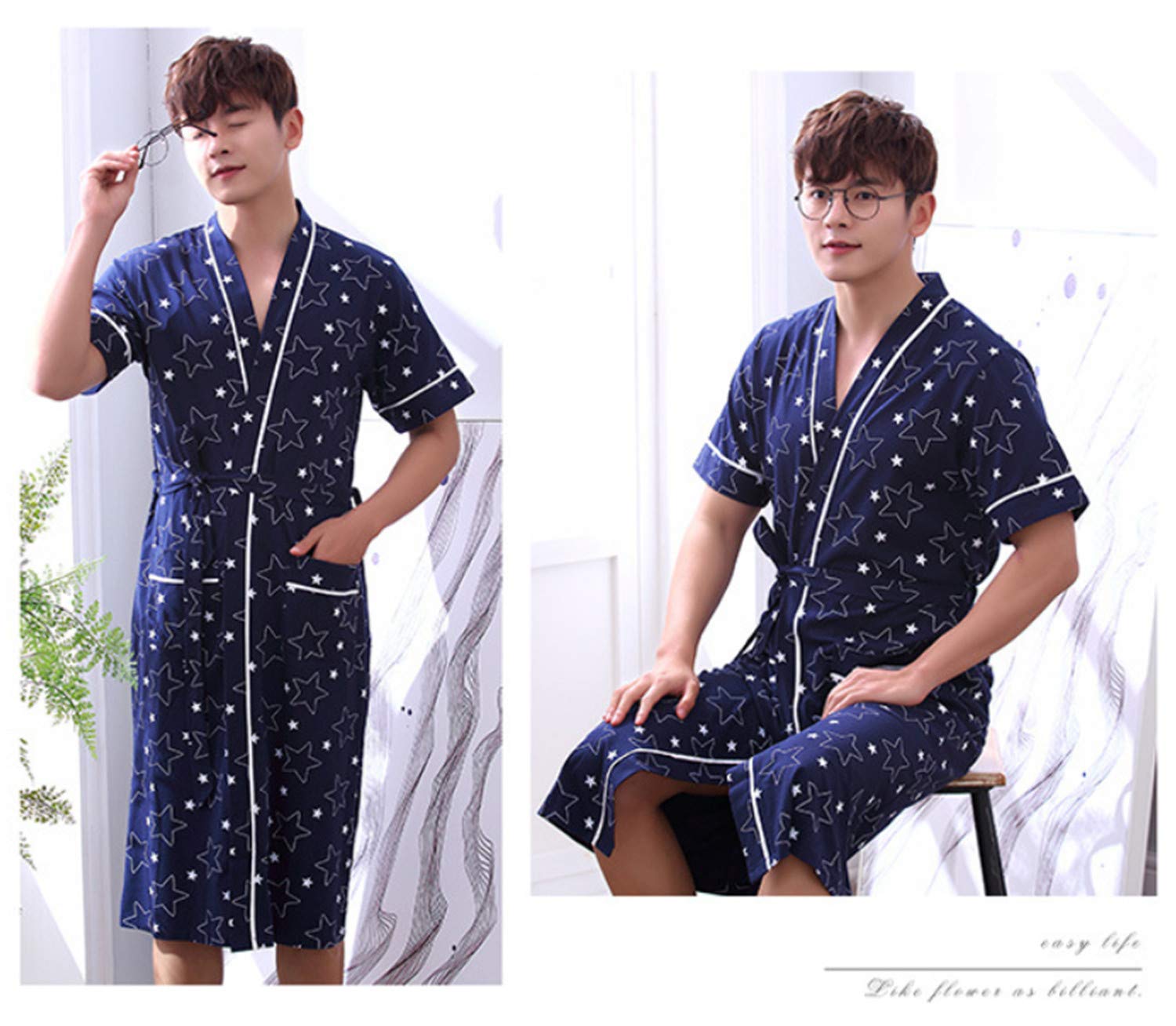 BIANJESUS Hombres Albornoces Baño de algodón Dormitorio Pijamas Azules