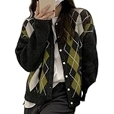 Trendy Fall Sweater for Women 2026 Grunge Argyle Plaid Preppy Y2K E-Girl Cardigan Chunky Knit Vintage Grandpa Sweater