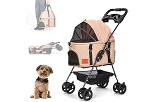 SKISOPGO Pet Stroller for Small Dogs Cats, 3-in-1 Dog Stroller with Detachable Carrier, Small Dog Cat Stroller with Push Button Entry/2 Adjustable Straps for Easy Travel (Beige)