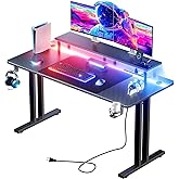 HLDIRECT 55 Inch Gaming Desk with LED Lights & Power Outlet, Computer Gamer Desk with Monitor Stand, Ergonomic Carbon Fiber G