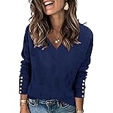 AKEWEI Womens V Neck Sweaters Long Sleeve Lightweight Knit Pullover Tops with Decorative Buttons