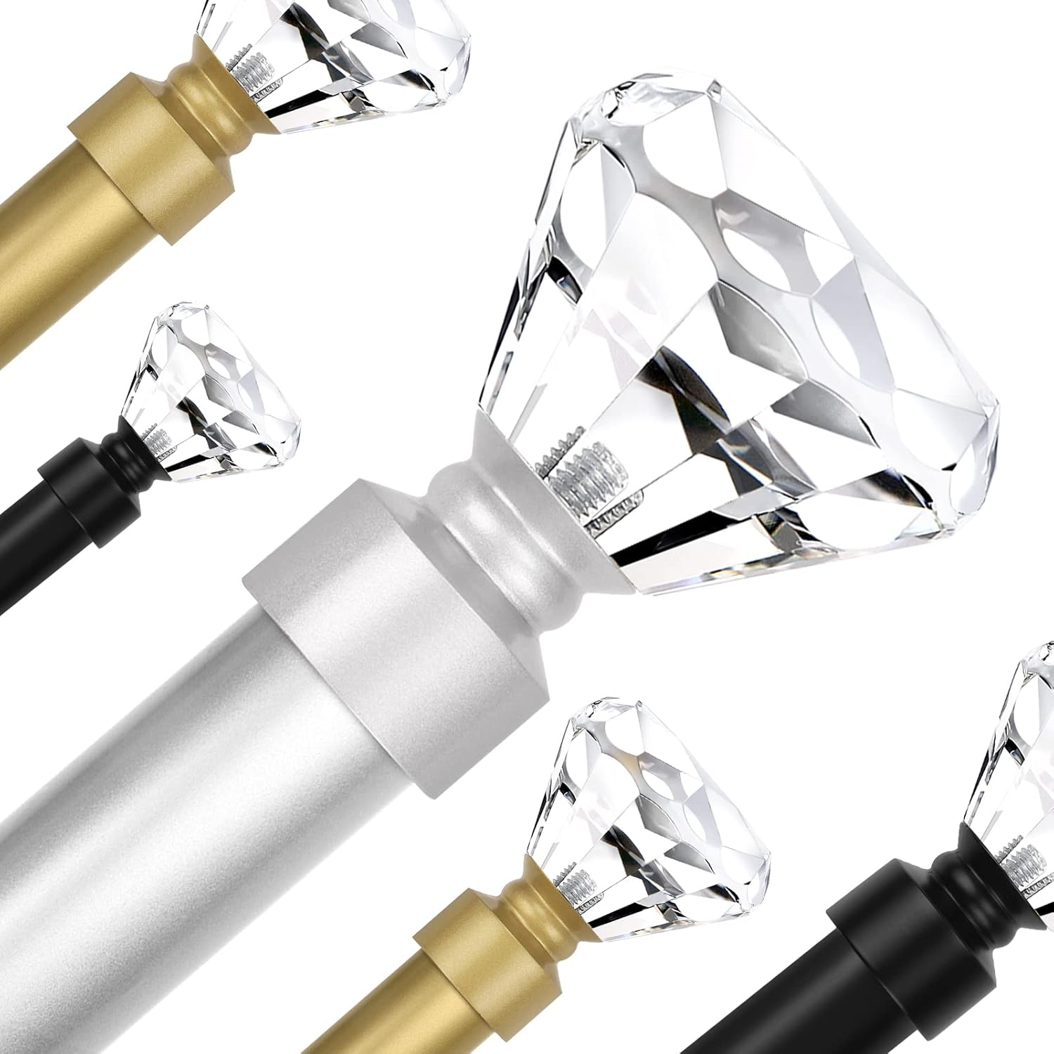 Window Treatment Hardware - Lepushom 1 Pack Curtain Rods for Windows 48 to 86 Inches（4-7.2 Feet）, 1 Inch Diameter Adjustable Single Window Rod, Decorative Drapery Rods, Crystal Diamond Finials, Silver