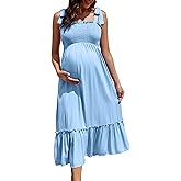 Coolmee Smocked Maternity Boho Dress Summer Casual Spaghetti Strap Ruffle Sleeveless Flowy Maxi Dress Baby Shower Photoshoot