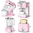 B Bascolor Pretend Play Kitchen Appliances Toy Set with Realistic Coffee Maker Machine, Toaster, Mixer and Blender, Kids Kitchen Playset with Sound & Light for Kids Age 3–5 4-8