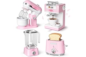 B Bascolor Play Kitchen Accessories, Play Kitchen Appliances Toy Set with Realistic Coffee Maker Machine, Toaster, Mixer and Blender, Kids Kitchen Playset with Sound & Light for Kids Age 3–5 4-8