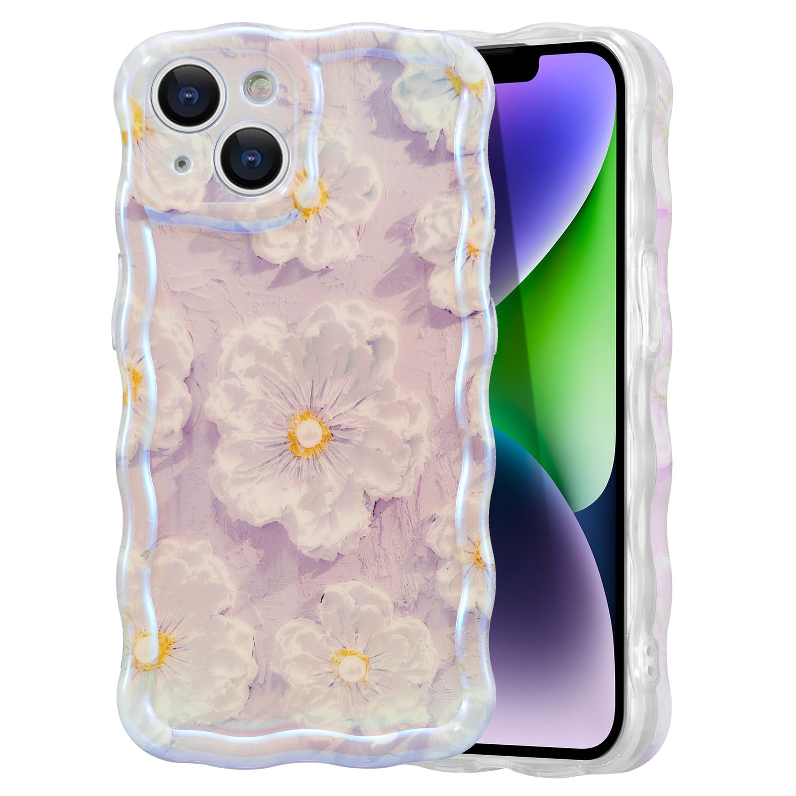 EYZUTAK Case for iPhone 14, Colorful Retro Oil Painting Flower Laser Glossy Pattern Cute Curly Wave Border Exquisite Phone Cover Stylish Durable TPU Protective Case for Girl Women - Light Purple — image 1