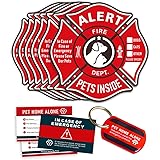 Pet Alert Stickers Static Cling Window Decals Emergency Pets Rescue Sign (6 Pack) with Bonus: Pet Home Alone Wallet Card & Key Tag - NO Adhesive, Removable, UV Resistant