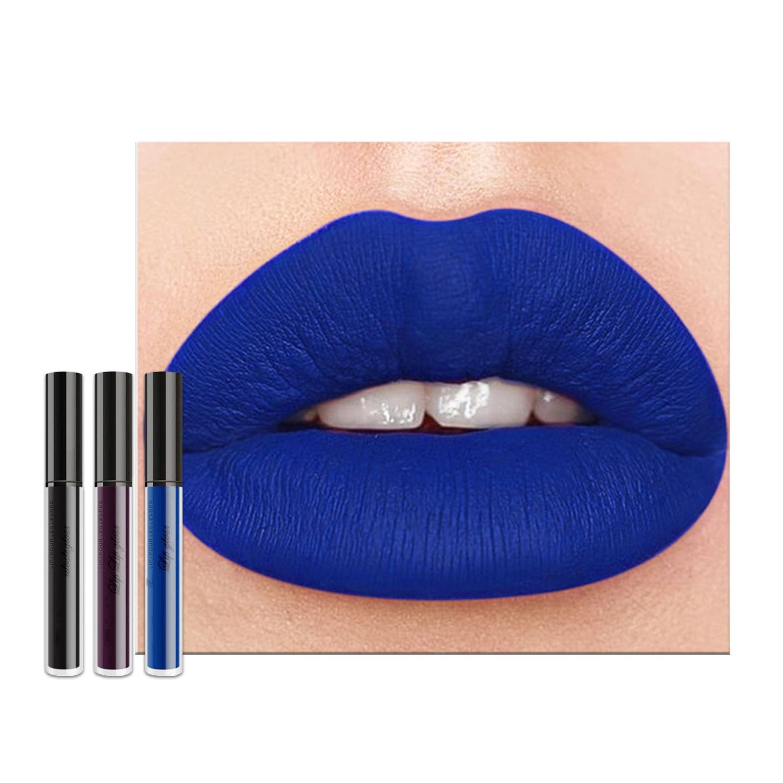 Matte Lip Gloss Set, 3PCS Blue Dark Purple Black Lipsticks, Waterproof Non-stick Cup Lipstick Kit, Long Lasting Highly Pigmented Liquid Lipstick Tinted Lip Balm, Festival Gift for Women