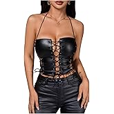 Floerns Women's PU Leather Cut Out Lace Up Corset Zipper Cropped Club Halter Top