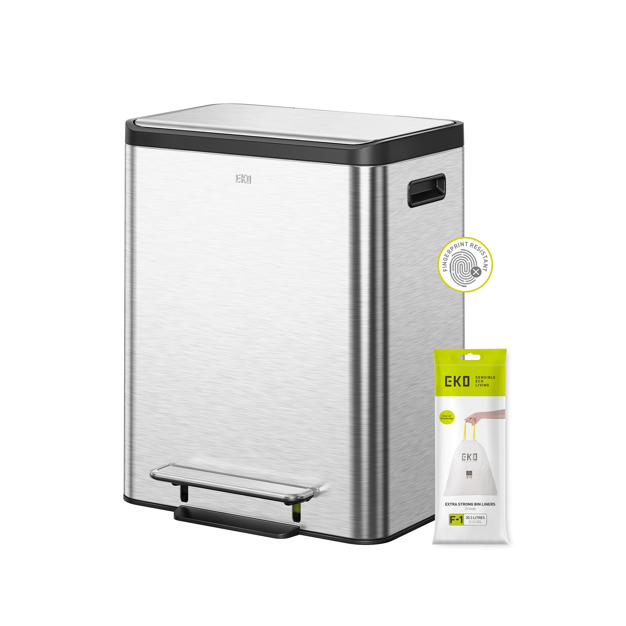 EKO Ecocasa Recycling Kitchen Bin 15+15Litre, Pedal Rubbish Bin with Two Removable Inner Buckets, Perfect for Kitchen & Home, Stainless Steel