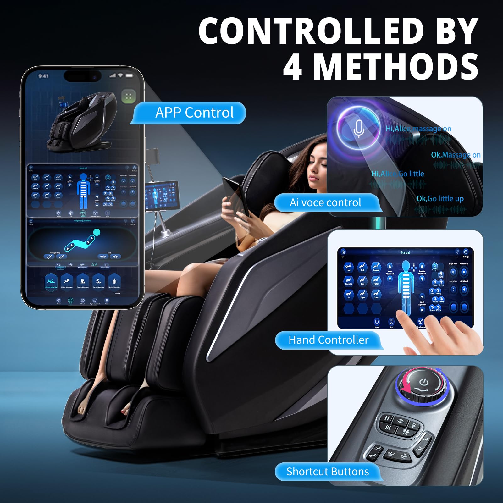 HealthRelife 4D Massage Chair Full Body Zero Gravity Recliner - 55“ SL-Track,15 Auto Modes,11 Massage Technique,40 Airbags Massage,with Yoga Stretch,APP Control,Shiatsu Foot Massage(Black)