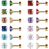 12 Pairs Surgical Stainless Steel Flat Back Screw Back Round Heart Star Square Teardrop Cubic Zirconia Birthstone Stud Earrings Set for Women