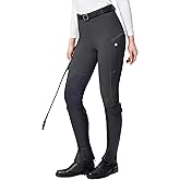 SANTINY Women's Horse Riding Pants with Zipper Pockets Knee-Patch Schooling Tights Equestrian Breeches for Women