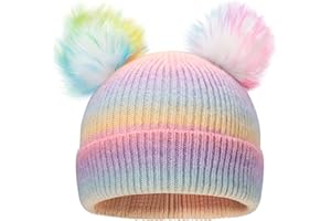 ACTLATI Kids Winter Knitted Beanie Hat Colorful Pompom Ears Ski Hat for Boy Girl(Ages 7-12)