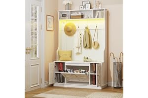 Maupvit Hall Tree with Bench and Shoe Storage, Coat Rack with Shoe Bench, 6 Shoe Cubbies, 4 Coat Hooks, LED Lights, Entryway Hall Tree, Wood Coat Tree with Soft Cushion for Hallway, Mudroom