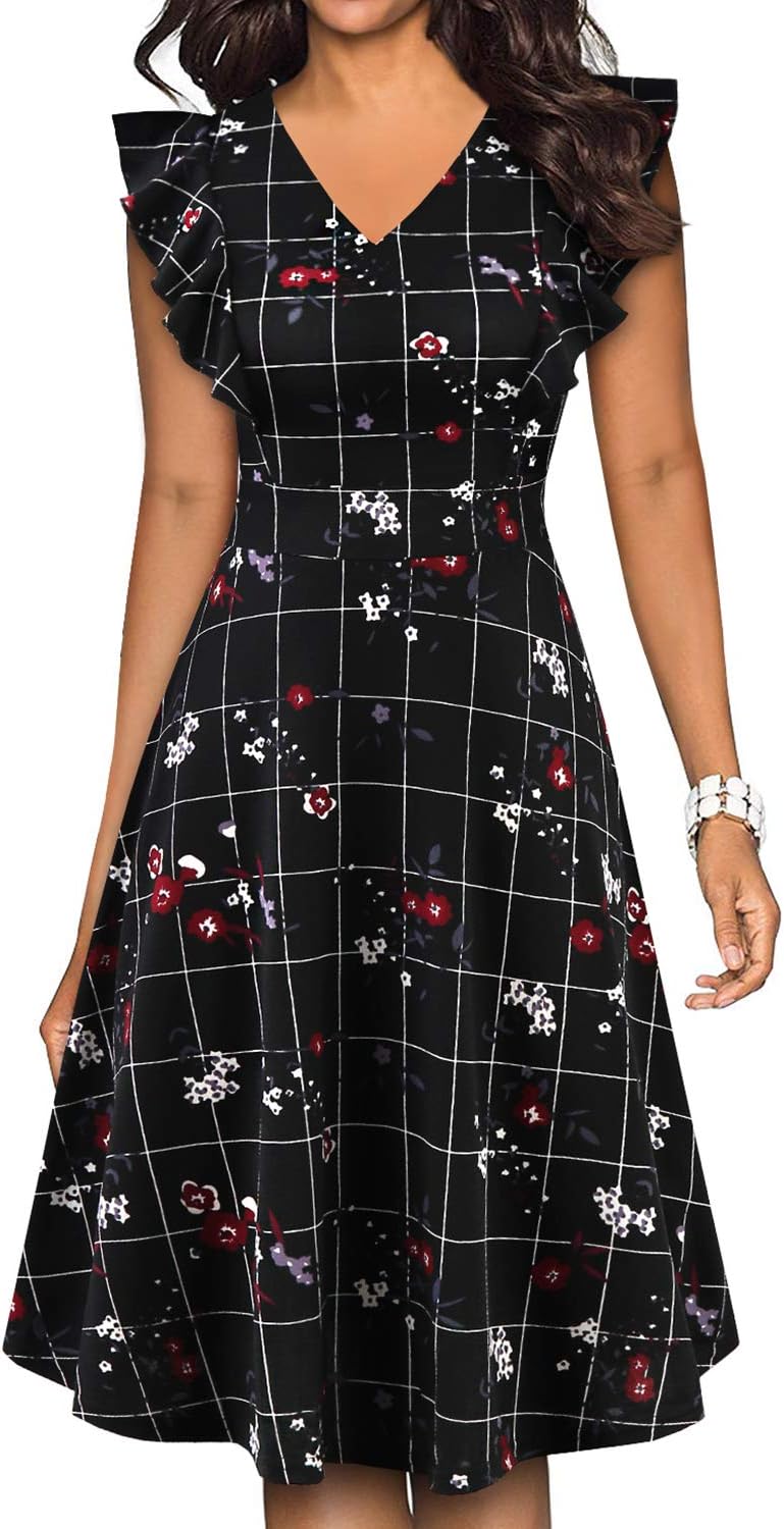 BOKALY Women's Vintage Ruffles Floral Flared Swing A-Line Casual Party Dresses