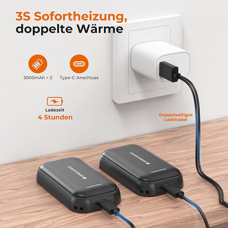 Handwärmer Elektrisch - 2er-Pack 6000mAh Magnetischer Taschenwärmer, USB-C Elektrische Handwärmer Wiederaufladbar Schnellheizung,3 Heizstufen Bis 55°C,für Outdoor,Golf,Camping,Raynaud (Schwarz)
