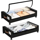 Yecaye 60L Under Bed Storage with Wheels, 2 Pack, Black | 360&deg; Rolling Wheels, Clear Lids &amp; Label, Reinforced Handle, Rolling Metal Drawers for Clothes, Blankets, Shoes in Bedroom