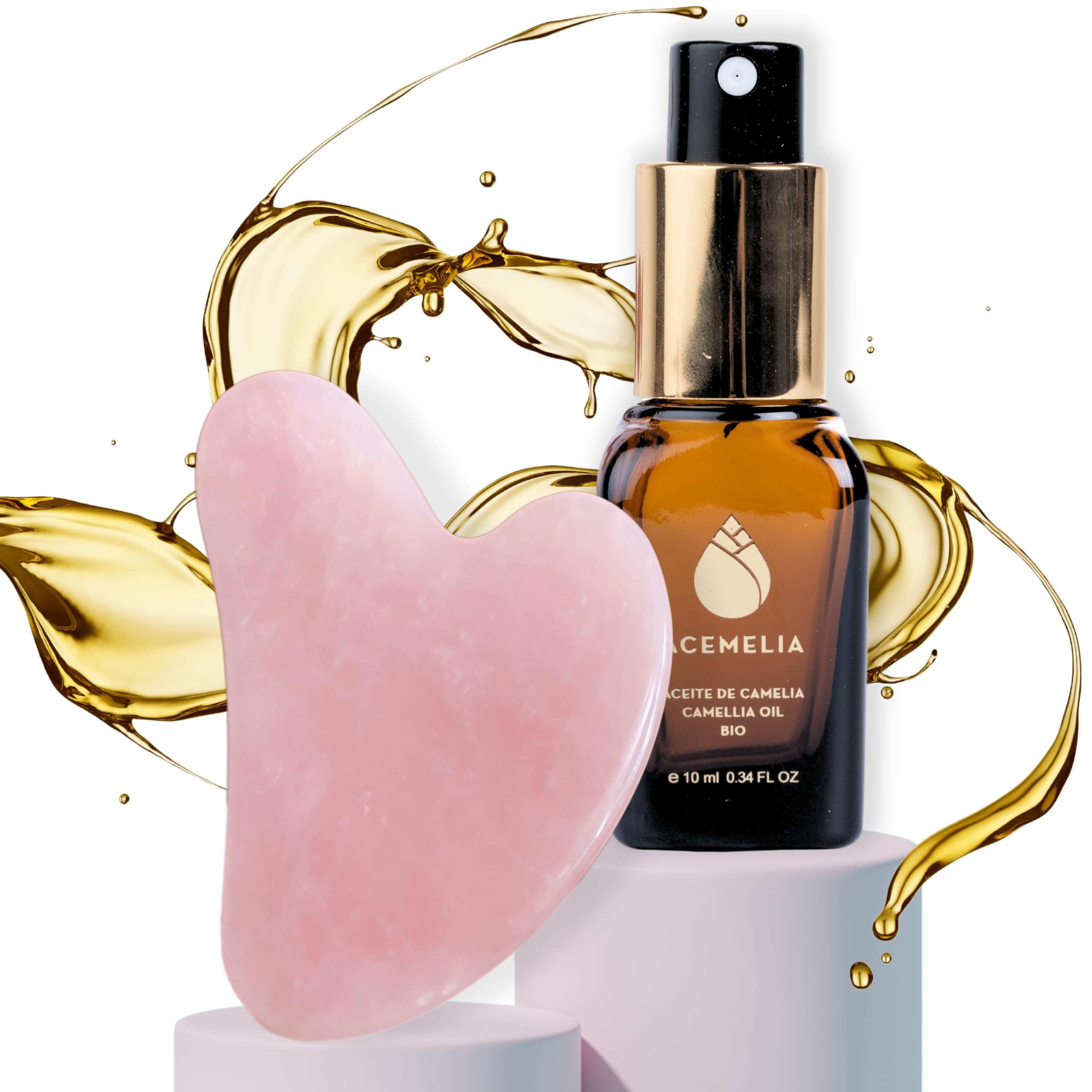 Rose Quartz Gua Sha + 100% Natural Camellia Bio Oil 10ml - Hydrating and Nourishing - Antioxidant and Rejuvenating Properties - Immediate Absorption Dry Oil - Cold Pressed in Galicia