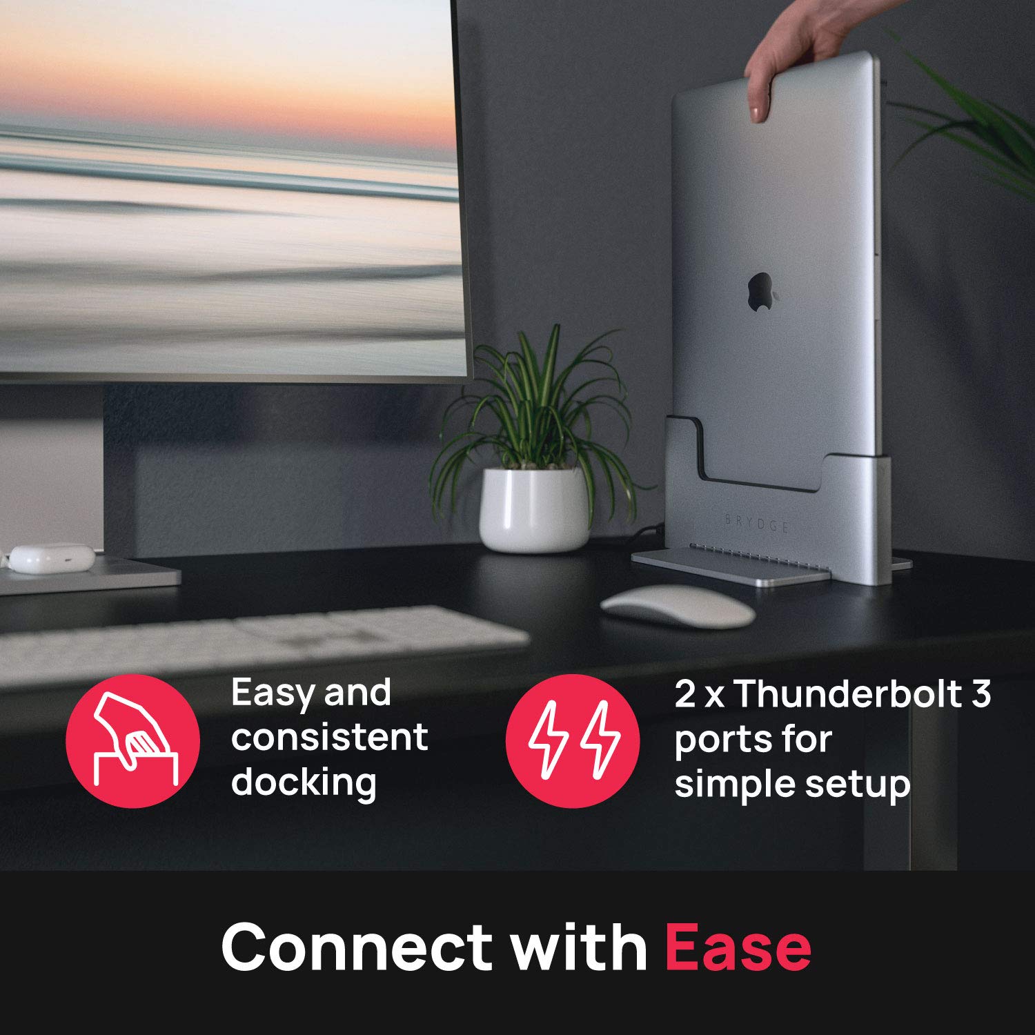 Brydge Space-Saving Laptop Stand | Vertical Docking Station Compatible with 15-inch MacBook Pro (2016-2019), 2 x Thunderbolt™ 3 Ports with 40 Gbps Data throughput (x 2)