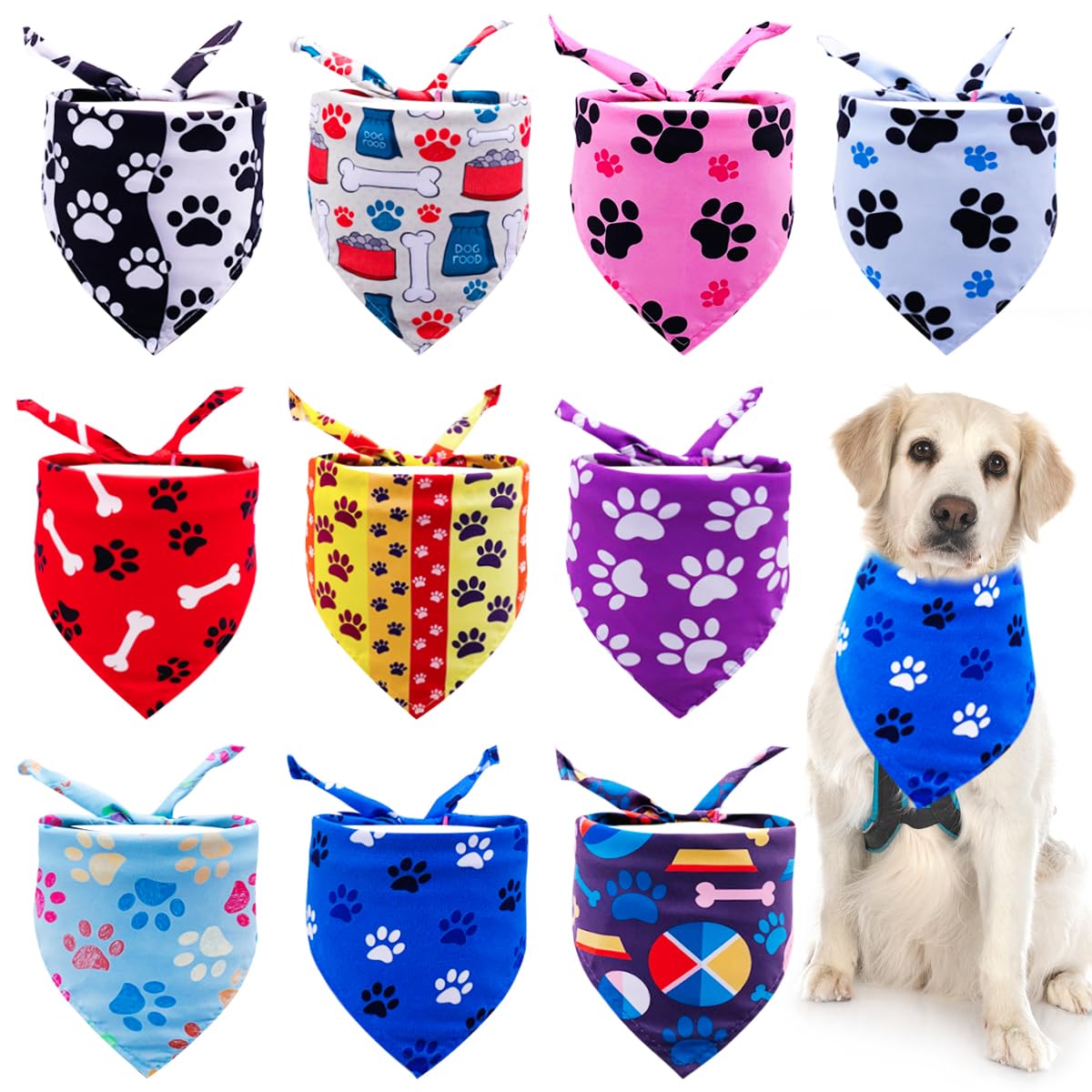 JpGdn 10pcs Pack Large Dog Bandanas Paw Pattern Triangle Scarf for Large XL Dogs Pigs Soft Bibs Washable Pet Neckerchief Dog Grooming Accessories Costume