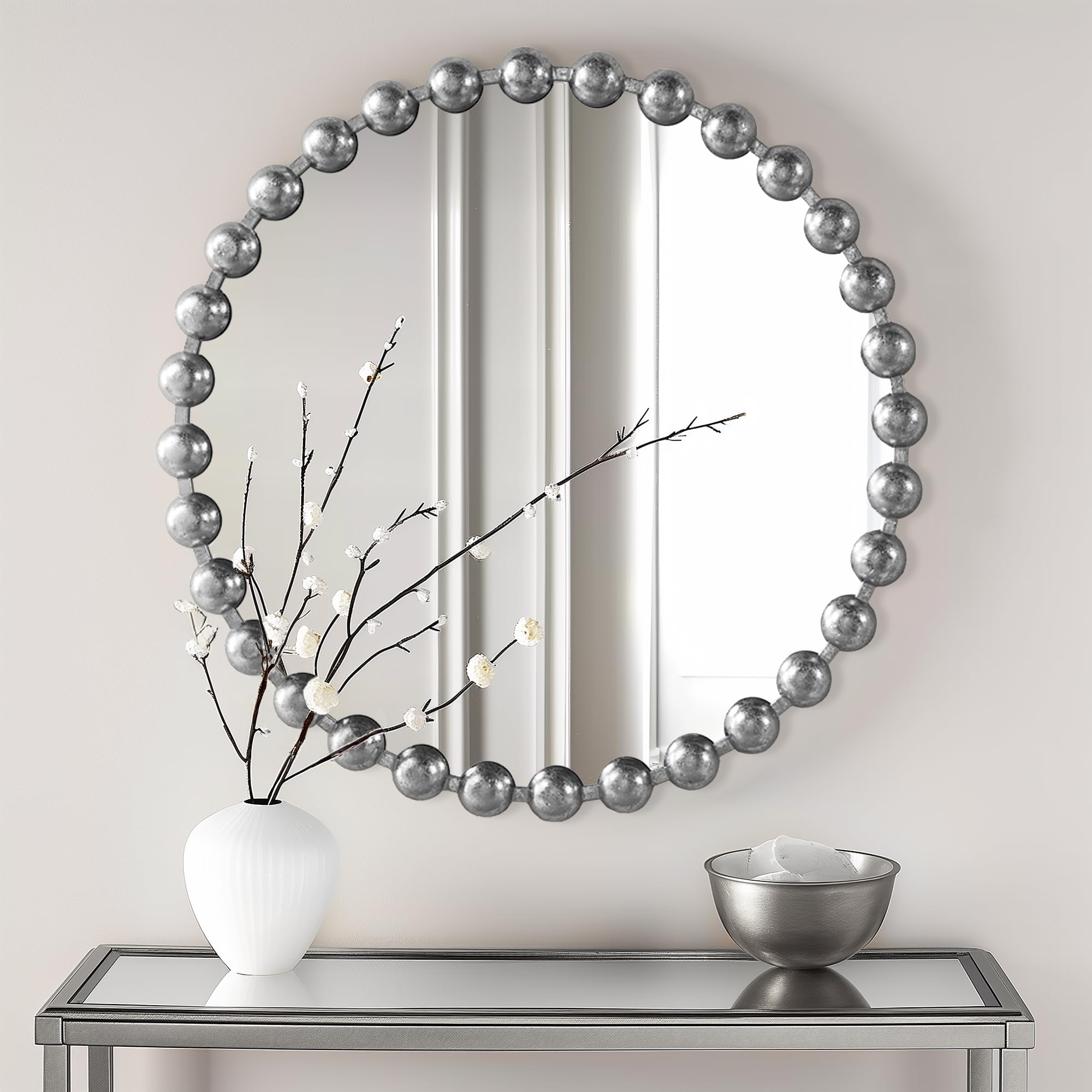 Madison Park Round Mirror, Metal Frame Circle Mirror 27 inch, Wall Art Decor Mounted Hanging for Entryway, Bathroom, hallway, Living Room, Vanity, Marlowe, Silver Image