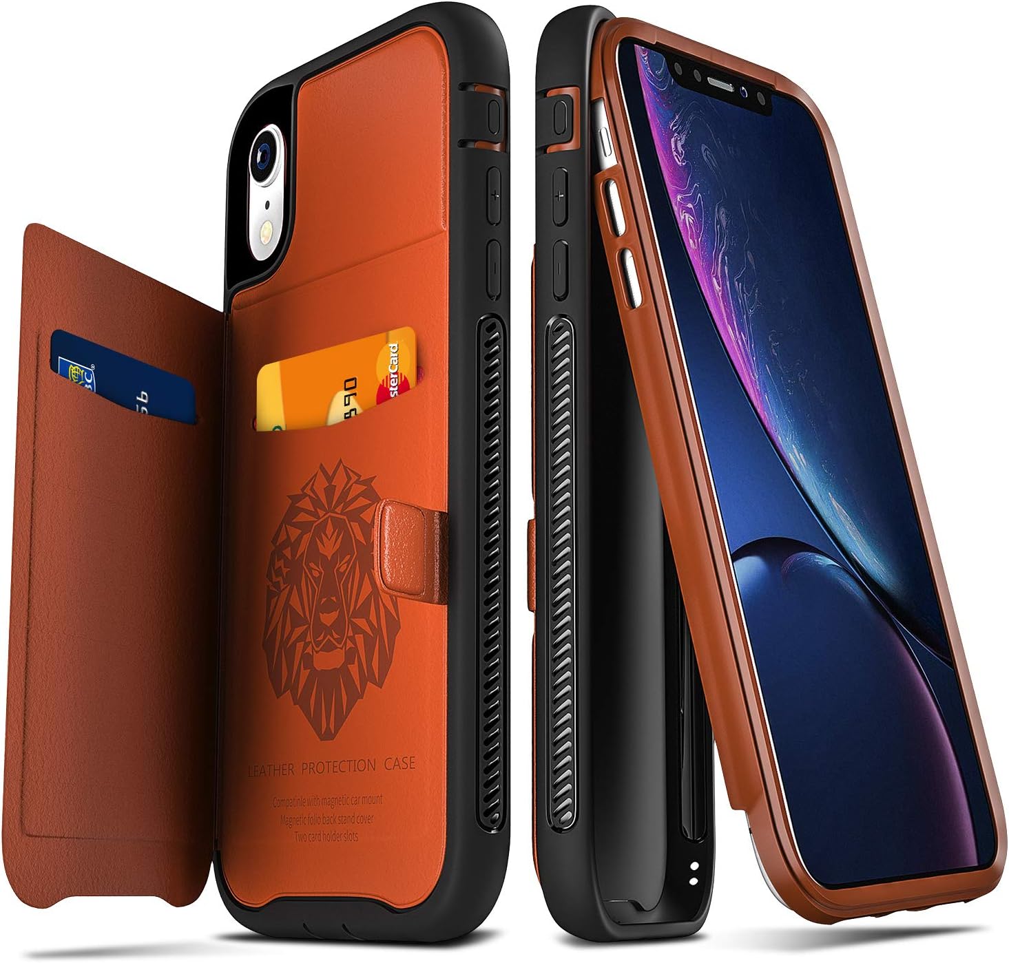 iPhone XR Cases, Ansiwee XR iPhone Case Wallet Black Luxury Full Body Protective Blue Hard TPU Leather Grip Shockproof with Stand Holder Magnetic Car Mount and Car Holder for 6.1 iPhone XR Case(Brown)