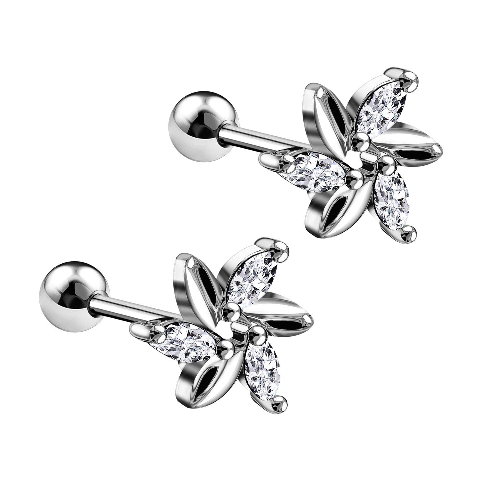 BanaVega 2PCS Surgical Steel Swirl Flower Clear Crystal Ear Stud 16g 1/4 6mm Tragus Cartilage Helix Earrings Piercing Jewellery 5701