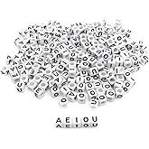 Amaney 250pcs Vowel Letter Beads Square A E I O U 6×6mm White Cube Acrylic Beads for Jewelry Making Bracelets Necklaces Each 50 Pieces