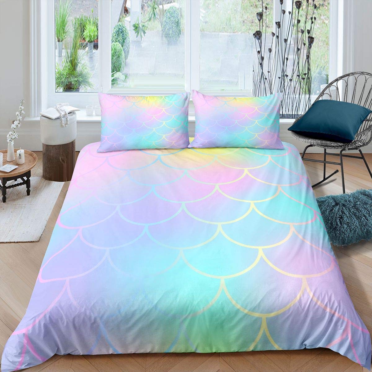 Homemissing Mermaid Scale Comforter Cover Fish Scales Bedding Set Sea Underwater World Duvet Cover for Kids Boys Girls Ocean Marine Microfiber Bedspread Cover Double Size