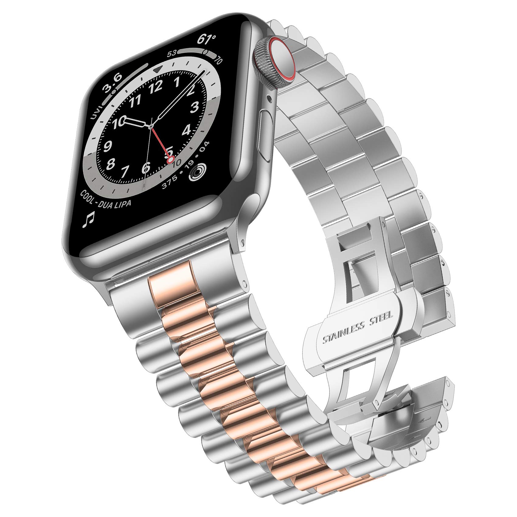 baozai Compatible with Apple Watch Band 42mm 41mm 40mm 38mm, iWatch Series 11-1 SE3 Stainless Steel Strap with Butterfly Folding Clasp for Women, 3Rows-Silver/Rose Gold