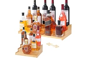 MegoSage 3-Tier Liquor Bottle Display Shelf, 12.4-26 Inch Expandable Bamboo Countertop Wine Rack, Coffee Syrup Rack Organizer