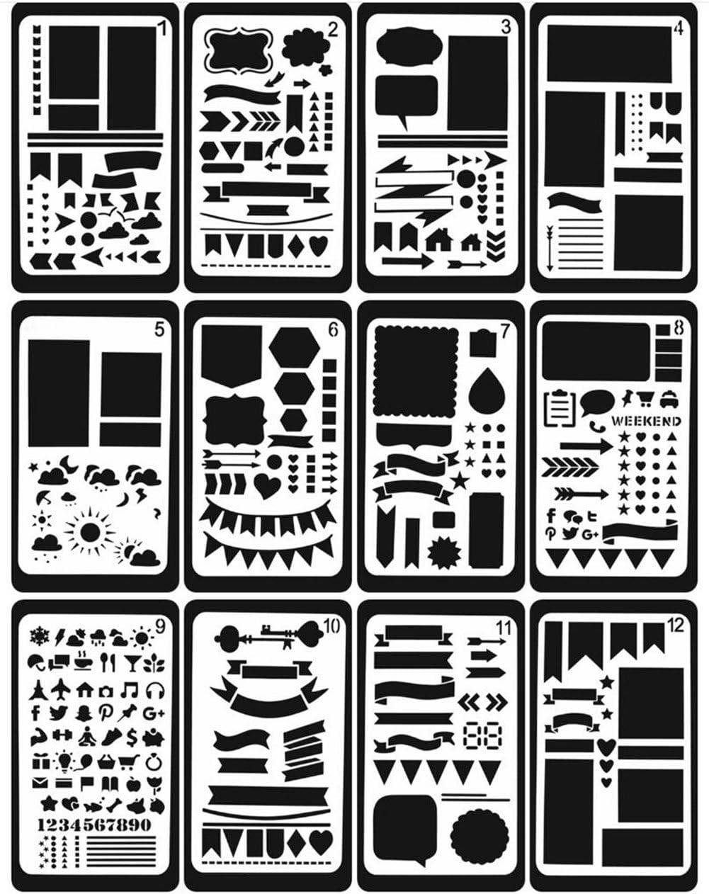 Juuly 12 Style/Pcs Bullet Journal Stencil Planner Stencil Drawing DIY Templates Painting Stencils Scale Rule for Card and Craft Projects