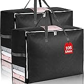 2Pack 105L Extra Large Blanket Comforter Storage Bags, Foldable Storage Bags for King Comforter Bedding Pillow Sheet Clothes with Handles Zippers Clear Window Closet Organizers and Storages, Black