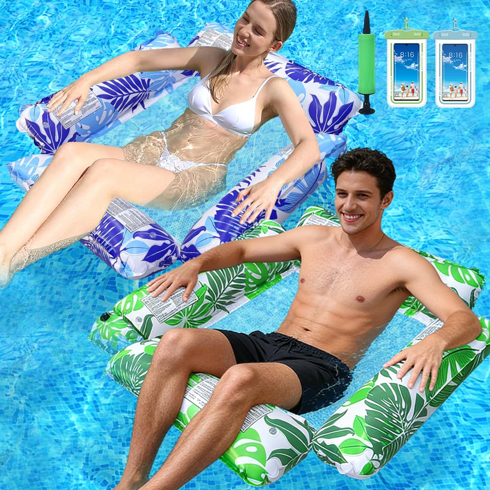 2 Pack Inflatable Pool Floats, 4 in 1 Water Hammock with 1 Pump and 2 Waterproof Phone Cases, Lilo Pool Inflatables, Cool Mesh Adult Swimming Floats Pool Toys Sofa Lounger Chair Seat Mattress