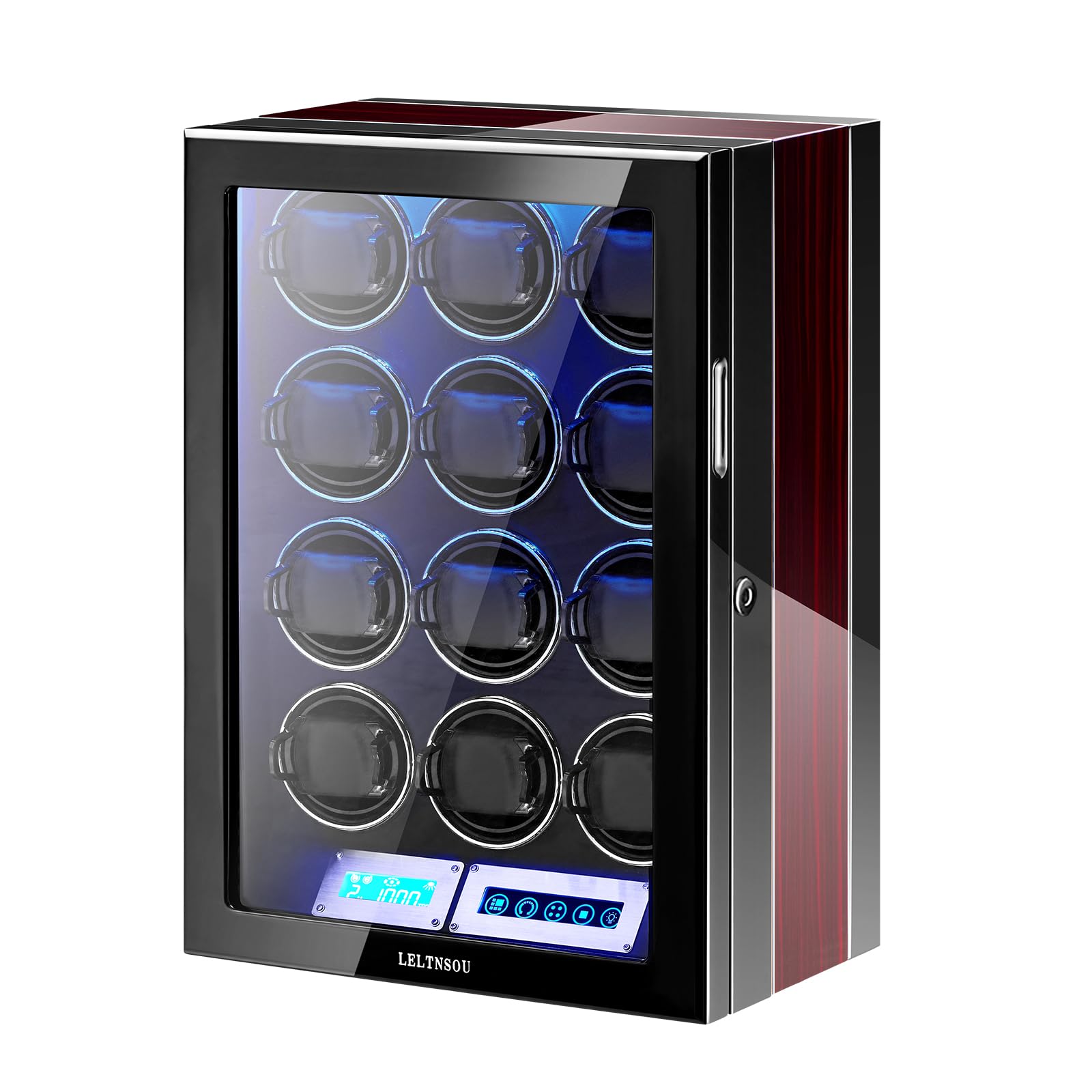 Photo 1 of LELTNSOU Watch Winder for 6/12 Winding Spaces Automatic Watches, Ultra-Quiet Japanese Motors, Built-in LED Illumination and LCD Touchscreen Control (Wooden 12Slot Mechanical Lock)