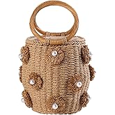 JBRUN Pearl Flower Straw Woven Tote Bag Summer Beach Rattan Handle Bucket Bag Straw Purses and Handbags for Women